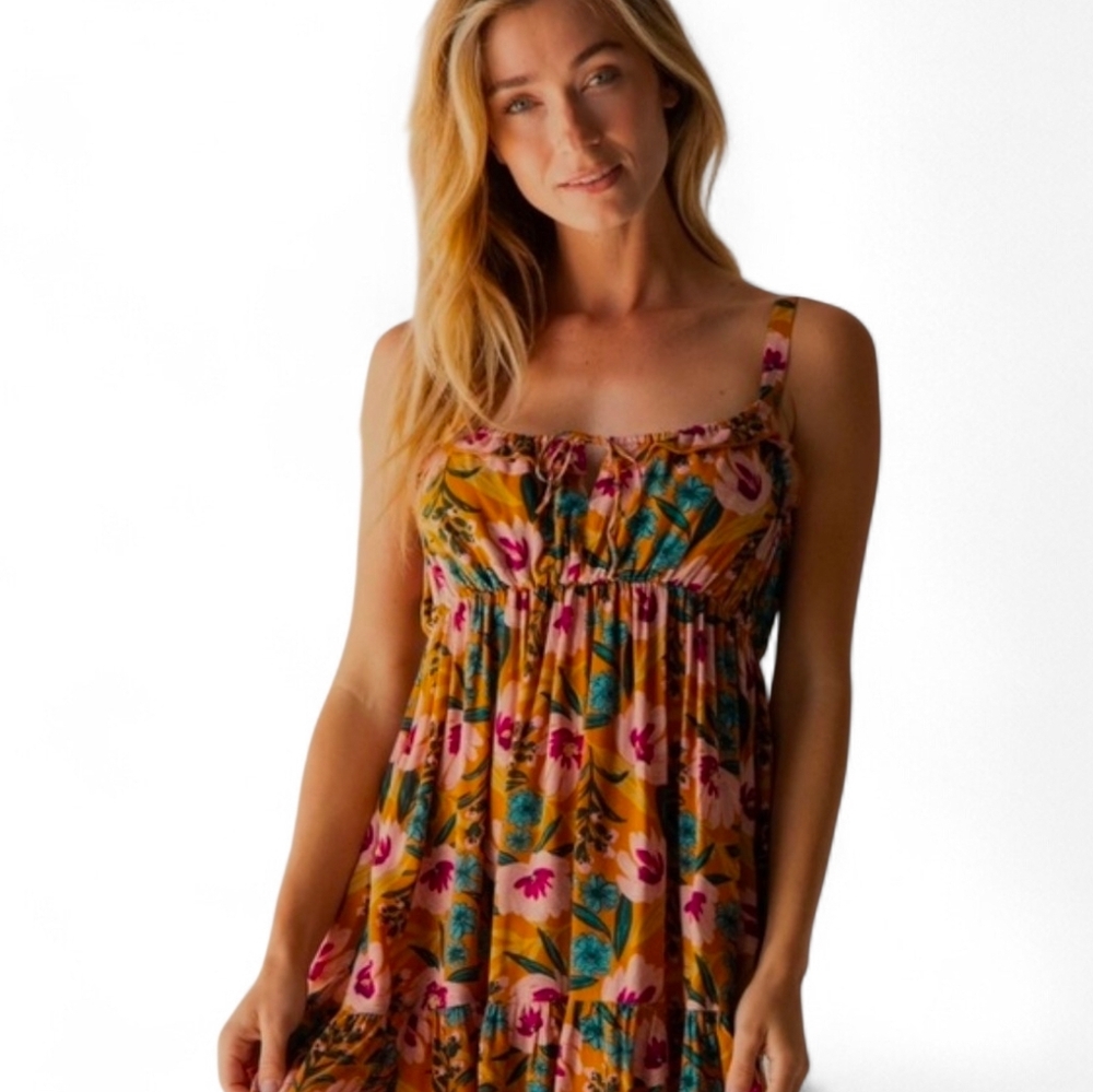 Floral Tiered Sundress in Mustard and Pink
